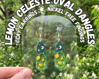 Lemon Celeste Teardrop Polymer Clay Earrings Lemon Fruit Earrings Green Ombre Stars and Moon Fruity Aesthetic