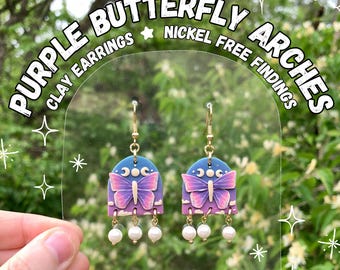 Purple Butterfly Polymer Clay Earrings with Blue and Pink Ombre Crescent Moon and stars with Pearls and Nickel Free Gold Plated Iron Hooks