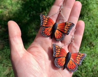 Monarch Butterflies on 925 Sterling Silver Chain Clay Earrings Bright Orange Red Butterflies Dangle Butterfly Summer Aesthetic Lightweight