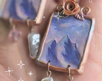 Handmade Clay Mountain Landscape Earrings with Faux Pearls, Rose Gold Hooks