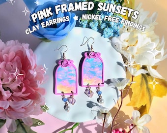 Pink Framed Sunset Clay Earrings with Faux Pearls and Crystal Dangles