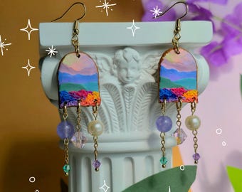 Elegant Landscape Floral Clay Earrings Gold Chain with Pink and Purple Glass Beads Handmade