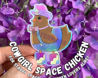 Space Cowgirl Chicken Sticker Silly Bird Lover Stickers Chicken with Pink Cowgirl Hat Space Boots Drawn Digital Illustration