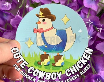 Cowboy Chicken Sticker Silly Bird Lover Stickers Chicken with Cowboy Boots Cowboy Hat Overalls Red Bow Tie Hand Drawn Digital Illustration
