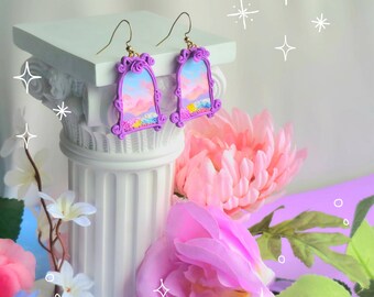 Handmade Clay Earrings Purple Framed Landscapes and Flower Fields Lightweight Nickel Free Hooks