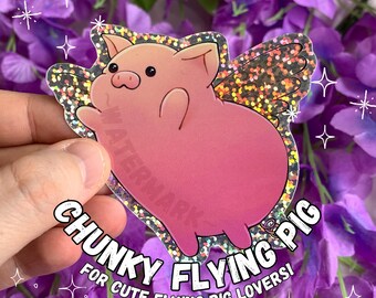 Flying Pig Glittering Sticker Chunky Pink Pig Lover Stickers with Wings Hand Drawn Digital Illustration on Glittering Sticker