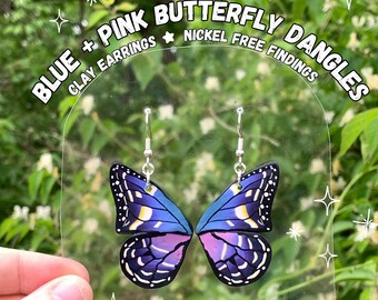 Blue and Pink Butterfly Half Wing on 925 Sterling Silver Premo Clay Earrings Butterflies Dangle Butterfly Spring Aesthetic Lightweight