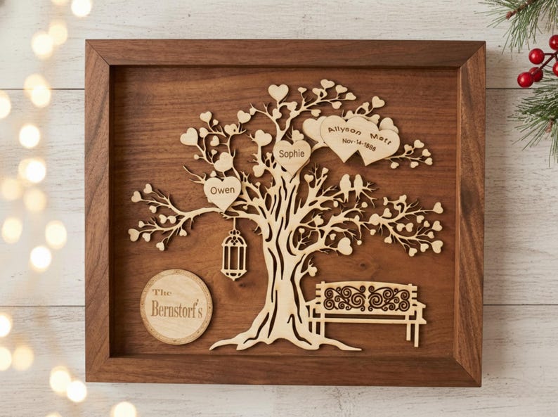 Personalized Wooden Family Tree Wall Art | Custom Family Names, Dates ...