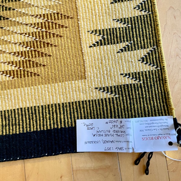 Coal Mine Mesa Raised Outline textile. Navajo woven. 29"X61". Yellow, black, white and brown. Gorgeous colors, fine weaving.