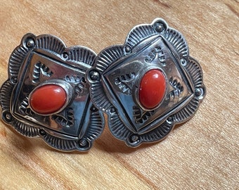 Navajo Vintage Mediterranean Coral Stamped earrings. C. 1930-40's . Exquisite example of Red Coral & stamping. Heirloom. Highly collectible.