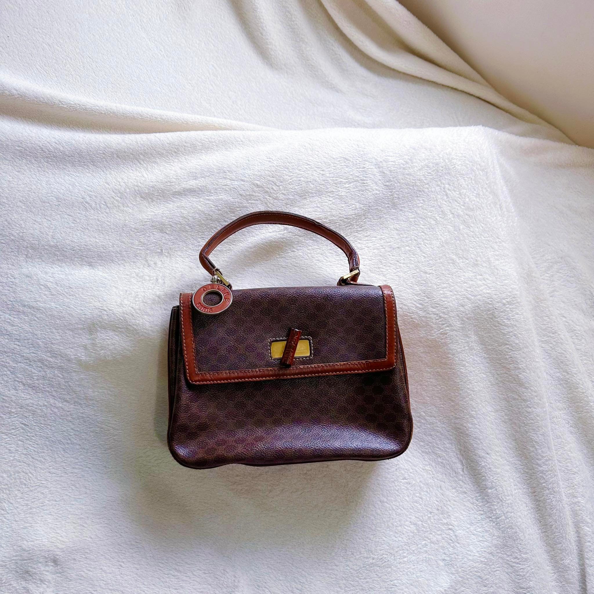 Celine Paris Macadam Pattern Mini Boston Bag Handbag Color Brown