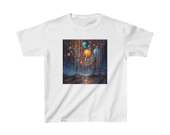 May include: A white t-shirt with a colorful graphic print of planets and stars hanging from strings over a dirt road. The planets are various shades of blue, orange, and yellow.
