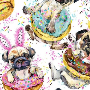 Pug, Mops mit  Dounats Bunte farbe Stoff Panel Velours  für Kissen, Taschen Div. Großen Stoffzuschnitt