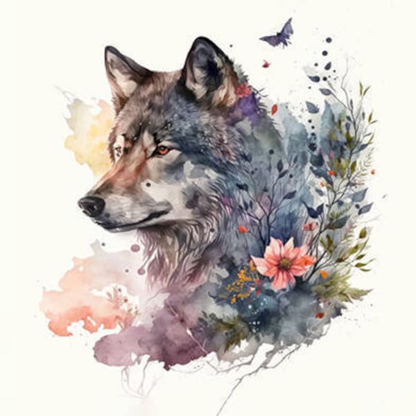 Wolf Boho Aquarell Panel für Kissen, Taschen  Stoffzuschnitt 40x40 cm  Mikrofaser