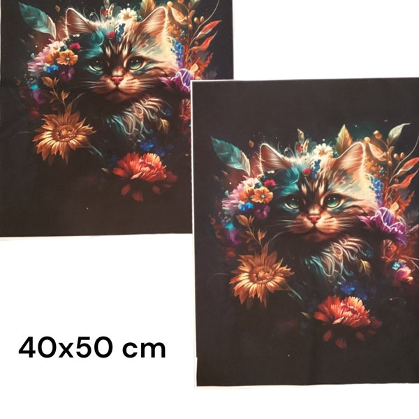 Chat avec fleurs de bohème Panneau en tissu déperlant 40 x 50 cm pour sac, Oxford