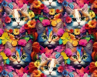 Cute Rainbow Cats Flowers / Fabric Summer Sweat / Oxford / Sold by the Meter Exclusive