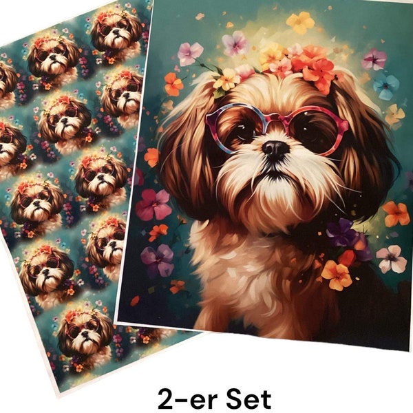 Lot de 2 Chien Shih Tzu avec Lunettes Panneau Déperlant 40x50 cm pour Sac, Coussin Oxford