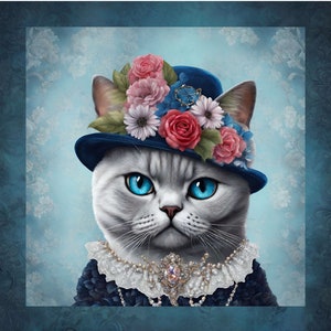 Katze mit Blumenhut Blau  Panel Oxford, Mikrofaser für Kissen, Taschen Div. Großen Stoffzuschnitt Edel Katzenstoff