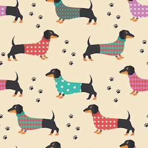 Dogs Dachshund with sweater 100% cotton in-house production satin cotton fabric sold by the meter from 50 cm