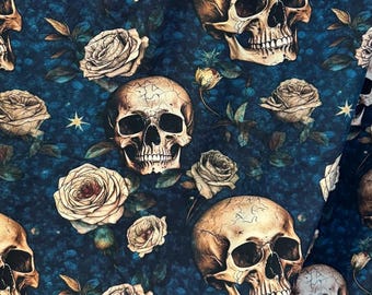 Jersey fabric Skulls Flowers / Roses Beige Blue Midnight Blue Sold by the meter Exclusive Gothic Premium Fabric