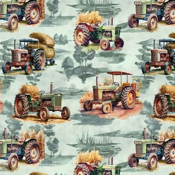 Jersey imprimé numérique 50 cm Tracteur Rétro Country Life Vert Pastel Vendu au mètre Exclusif