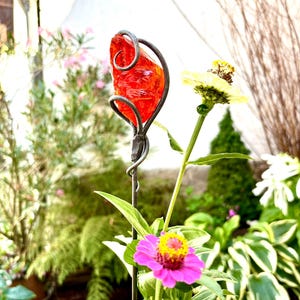 Può includere: Un paletto da giardino in vetro rosso con una cornice decorativa in metallo. Il paletto è in un giardino con fiori rosa e gialli e fogliame verde. Il vetro ha un aspetto strutturato.