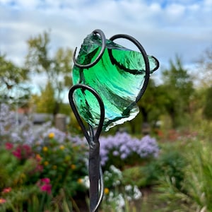 100 cm height | Garden decoration glass metal green | Rust | Outdoor | Balcony | Flower stake | Garden stake emerald green | Colorful
