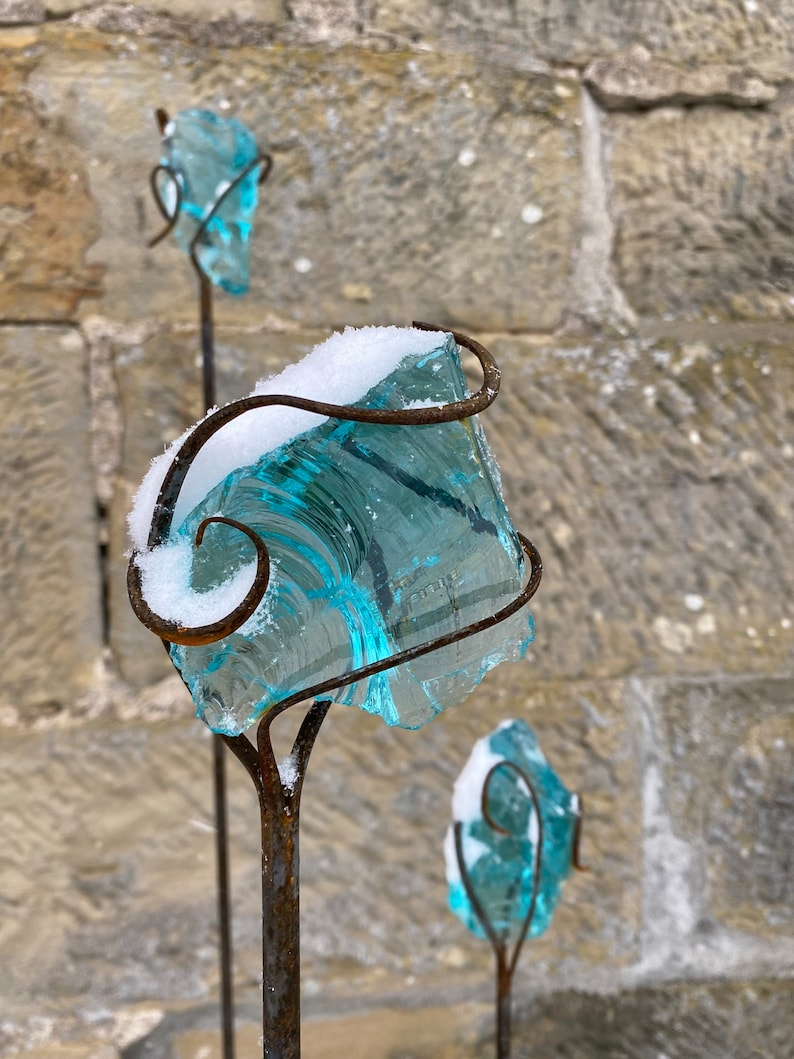 Kristallstecker geschmiedet 80 - 120 cm / Gartenstecker / Glasstecker / Glas-Stahl Kombination / handgeschmiedet