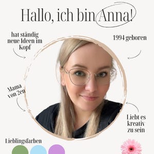 May include: A portrait of a woman wearing glasses, with text in German: "Hallo, ich bin Anna!" and other phrases. The image includes a color palette of green, blue, and purple, and a pink gerbera daisy.