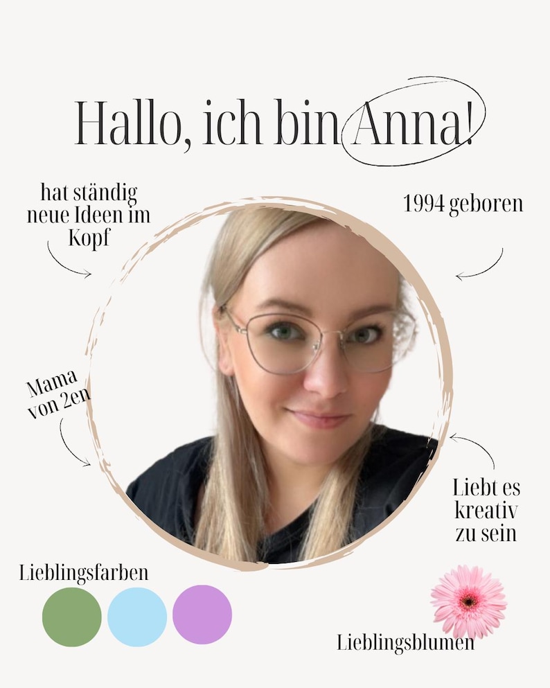 May include: A portrait of a woman wearing glasses, with text in German: "Hallo, ich bin Anna!" and other phrases. The image includes a color palette of green, blue, and purple, and a pink gerbera daisy.