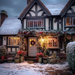 Cozy Christmas Cottages in Winter - 4 Digital Images