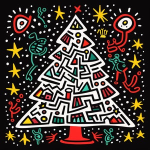 May include: A white Christmas tree with a black outline and colorful geometric patterns. The tree is surrounded by stars, dots, and abstract figures on a black background.