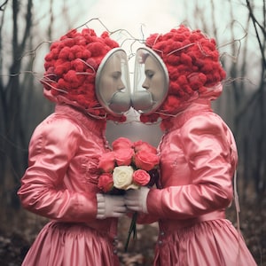 May include: Two figures wearing pink dresses and matching helmets with red pom-poms, stand facing each other in a forest setting. They are holding a bouquet of pink and white flowers.