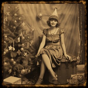 May include: A woman wearing a festive hat and dress poses in front of a decorated Christmas tree. She is sitting on a wooden chest with a vintage look.