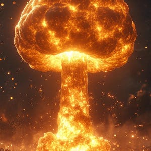May include: A fiery orange and yellow mushroom cloud explosion with a dark background.