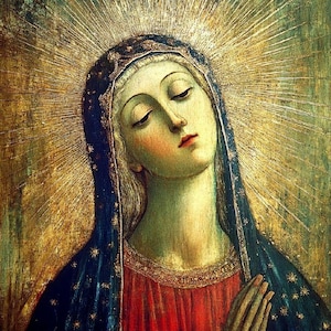 May include: A painting of a woman with her eyes closed, wearing a blue robe with gold stars and a red dress. She has a halo of light around her head.