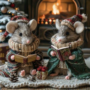 May include: Two mice, wearing knitted hats, scarves, and capes, are seated on a textured surface. Each mouse holds a small book, with a fireplace and Christmas tree in the background. A small gift box and pine cones are in front of them.
