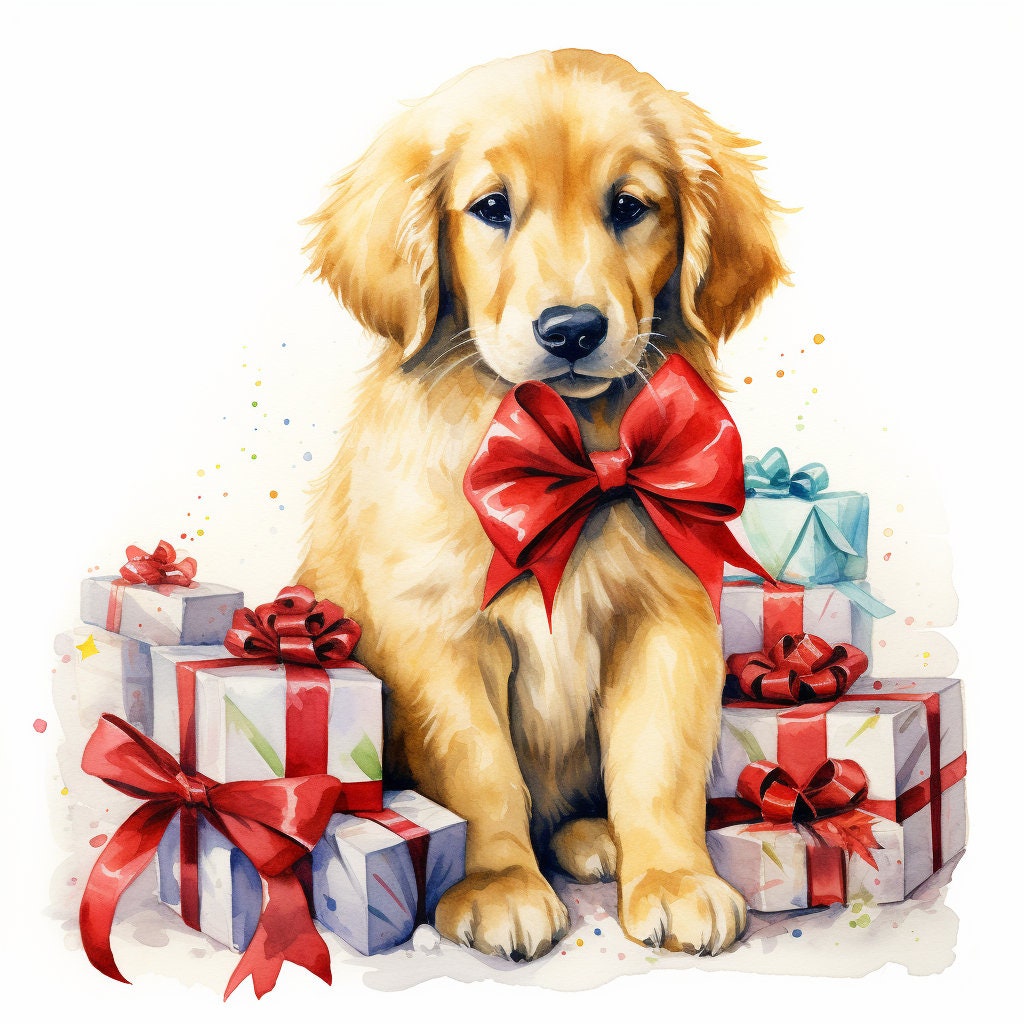 Christmas Golden Retriever Puppy - Digital Art - Etsy