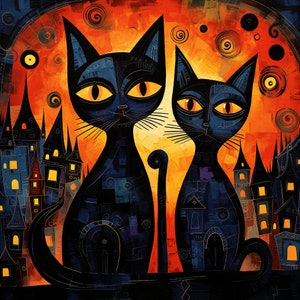 Four Spooky Halloween Black Cats inspired by Pablo Picasso - Digital AI Art