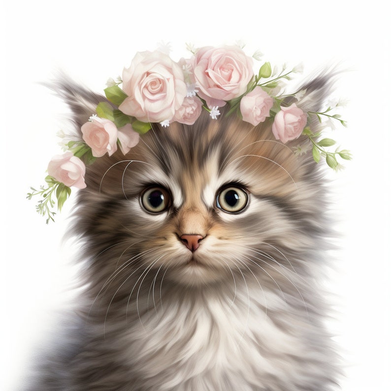 Kitten With Floral Crown Print - Baby Animal Wall Art Poster For Girls' Room & Nursery Decor, 11x14 Inches Unframed