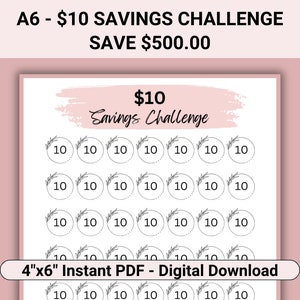 10 Dollar Savings Challenge Printable, 10 Dollar Challenge Fits A6 Budget Binder, Can Use For Savings Challenge Binder, A6 Savings Challenge