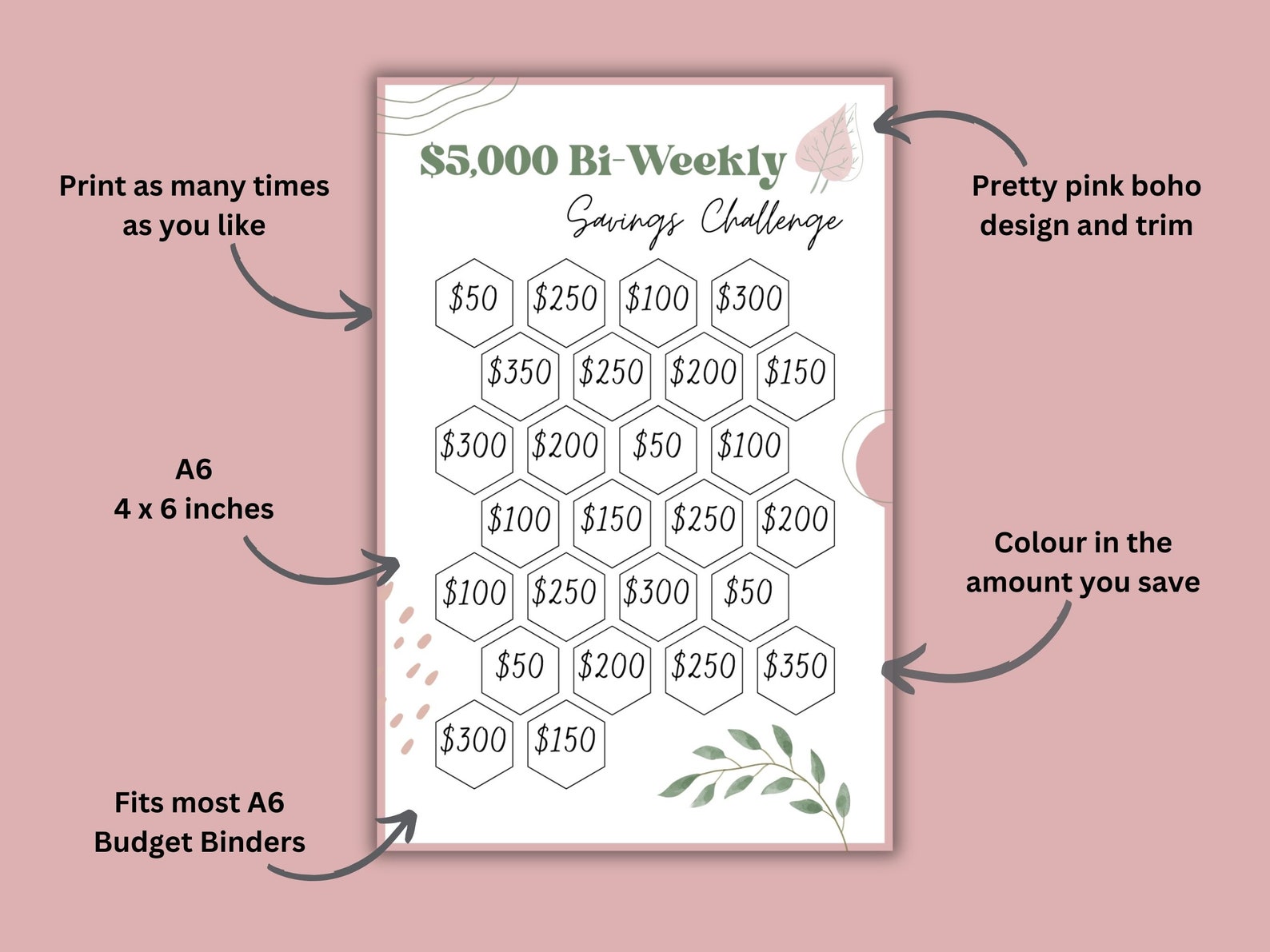 Bi-weekly Savings Challenge Printable Bundle, Boho A6 Savings Challenge ...