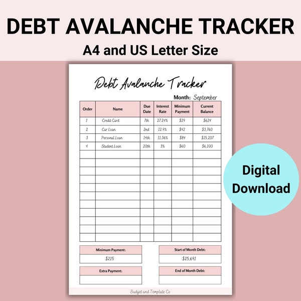 Avalanche Debt Tracker Sheet, Debt Tracker Print Comes in A4 and US Letter Size, Debt Payoff Printable,  Debt Pay Off, Loan Payoff Schedule