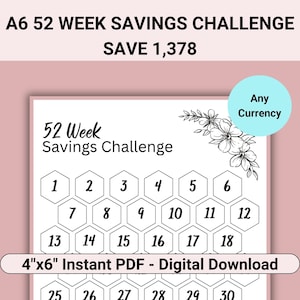 52 Weeks Savings Challenge Printable Size A6, 52 Week Challenge, Fits Most A6 Budget Binder Can Use With 52 Weeks Challenge Envelopes System