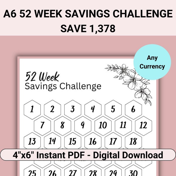 52 Weeks Savings Challenge Printable Size A6, 52 Week Challenge, Fits Most A6 Budget Binder Can Use With 52 Weeks Challenge Envelopes System