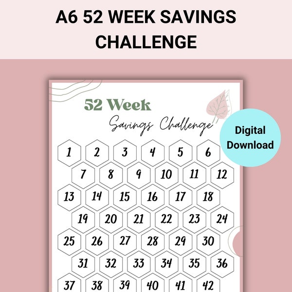 52 Week Savings Challenge Printable, 52 Weeks Money Saving Challenge, 12 Month Saving Challenges, 52 Week Challenge, A6 Savings Challenge