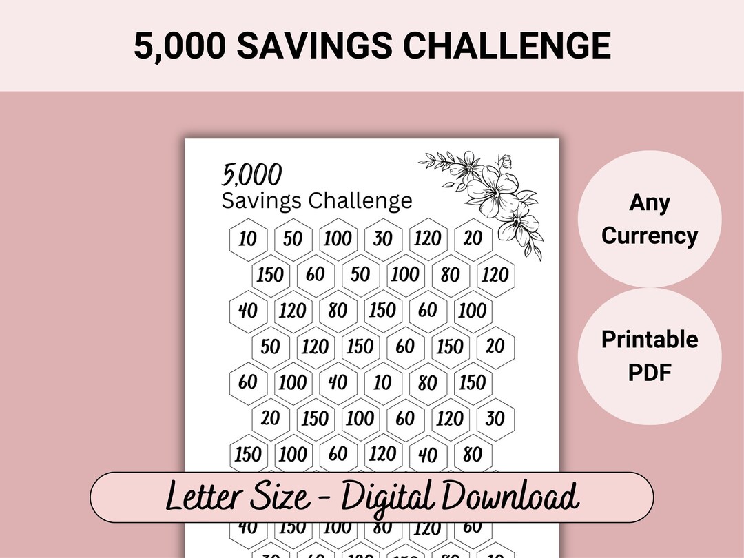 5k Saving Challenge Printable, 5000 Savings Challenge PDF, 5k Savings ...