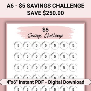 5 Dollar Savings Challenge Printable, 5 Dollar Challenge Fits A6 Budget Binder, Can Use For Savings Challenge Binder, A6 Savings Challenge