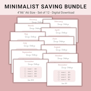 Minimalist Low Income Savings Challenge Printable, Monthly Money Saving Challenge Bundle, A6 Sized Mini Savings Challenge Trackers