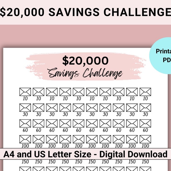 20000 Savings Challenge Printable, 20K Challenge PDF,  100 Envelope Challenge, 20K Savings Challenge Envelope, Dollar 20K Savings Tracker